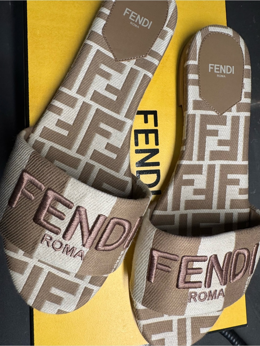 Fendi Brown & Cream FF Logo Slide Sandals